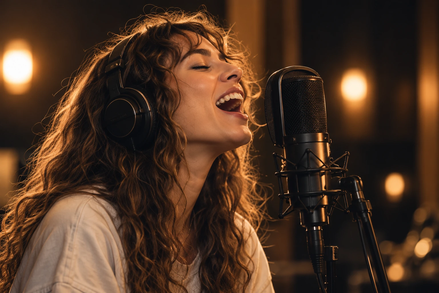 A singer performing into a studio microphone